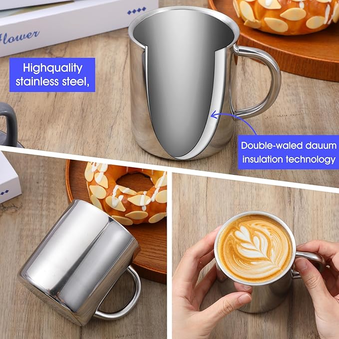 4 PCS Stainless Steel Cups Mit Handle, 10oz/300ml Metal Double Walled Cups Anti Scalding Insulated Mugs Reusable Metal Cup Tumbler for Home Camping Travel Outdoors Coffee, Milk,Tea and Cold or Hot