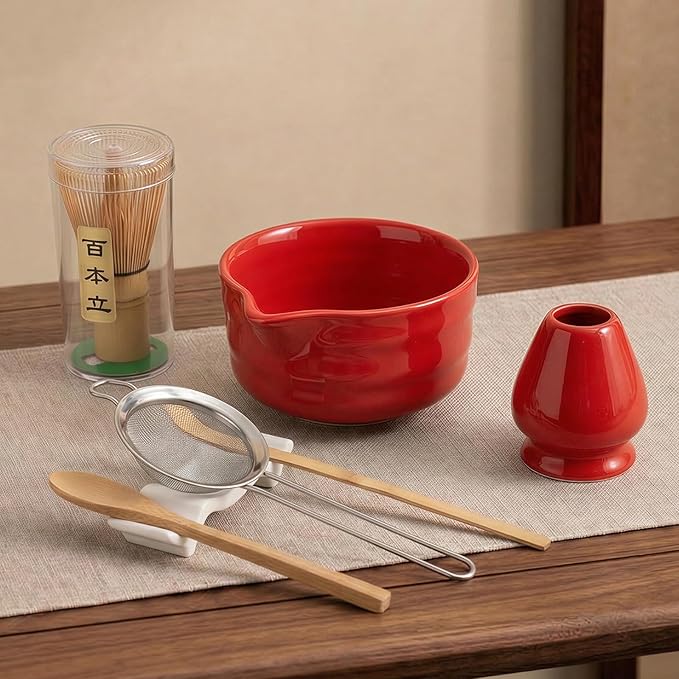 YOLIFE 7 Pcs Matcha Whisk Set, Includes Matcha Bowl with Spout, Bamboo Whisk (Chasen) with Ceramic Holder, Scoop and Powder Spoon, Sifter, Matcha Kit for Ceremony (Red)
