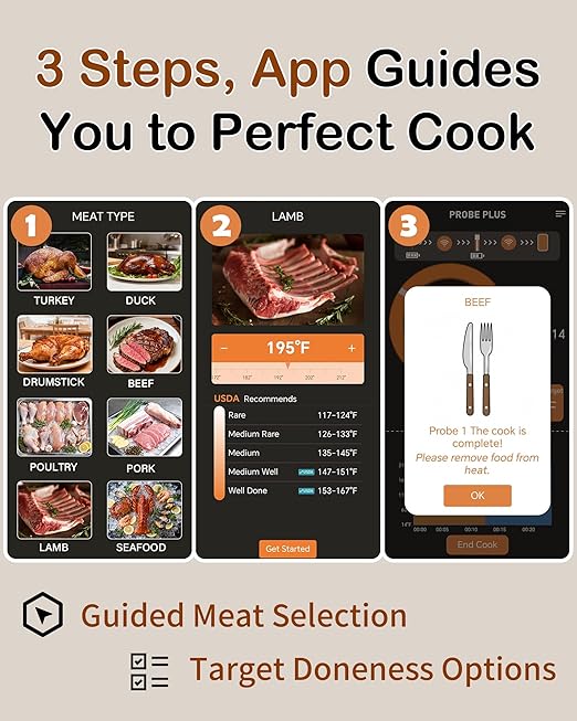 Bluetooth Wireless Meat Thermometer for Oven: Smart 572℉ Oven-Safe Probe with 900ft Remote Range for Juicy Meat - Easy Setup App Auto Alerts Dishwasher Safe for Grilling Cooking Smoking