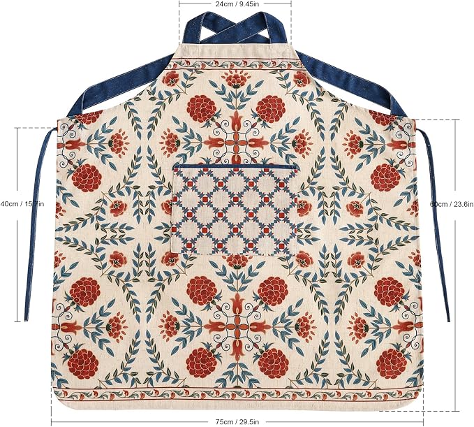 patdrea Blue Floral Linen Apron with Pocket,French Kitchen Garden Chef BBQ Aprons for Women and Men,Crisscross Back Straps - Image 5