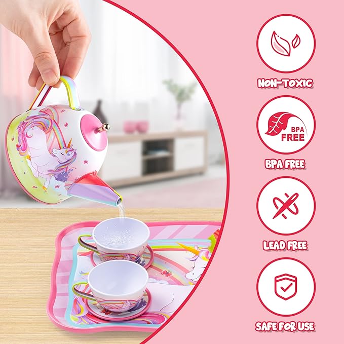 JOYIN Unicorn Tea Party Set for Little Girls, Pretend Pink Tin Teapot Set, Princess Tea Time Play Kitchen Toy with Teapot, Cup, Plate, Carrying Case for Kids Toddlers Age 3 4 5 6, Easter Birthday Gift