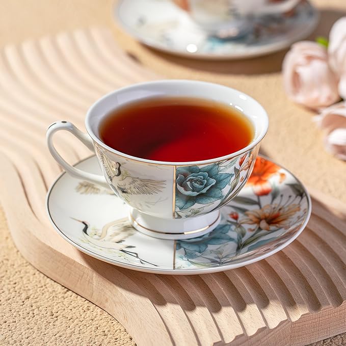 Brew To A Tea Floral Porcelain Tea Cups Set of 4, 8 oz, Cup & Saucer Sets, Tea Cup Set of 4