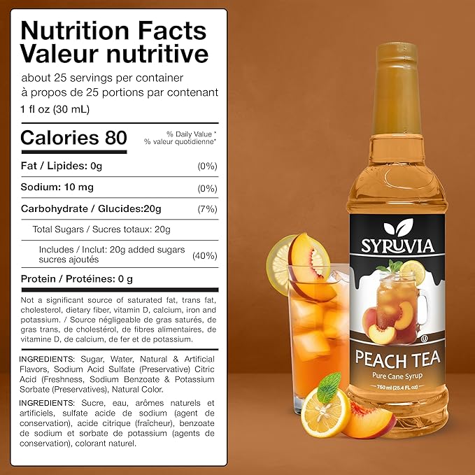 Syruvia Peach Tea Flavored Syrup for Drinks, Cocktails, Lemonades, Iced Teas and Desserts – 25.4 fl oz