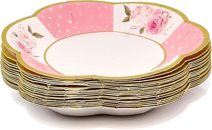 Gift Boutique 36 Paper Tea Cups with Handles and 36 Floral Shaped Saucers Disposable Teacup Set for Kids Adults Birthday Baby Bridal Shower Tea Party