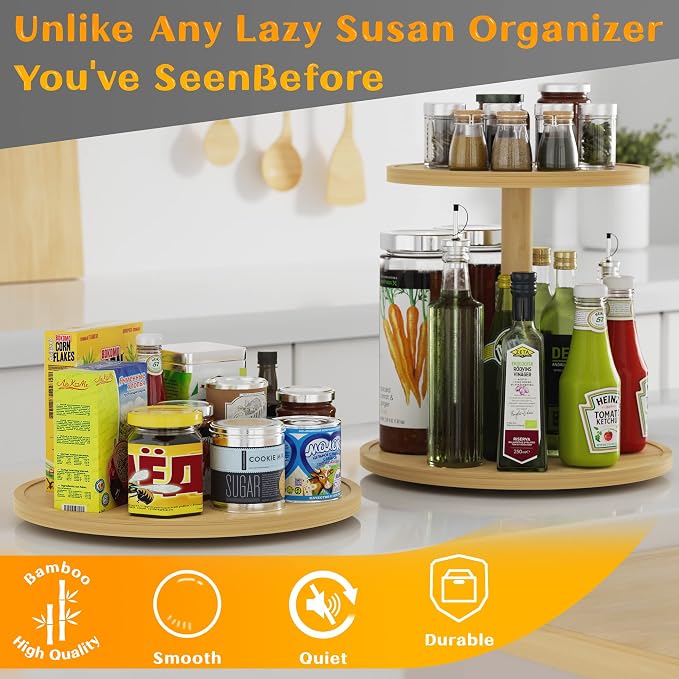 Lazy Susan Organizer Homerays 10 Inch Non-Skid Bamboo Lazy Susan for Kitchen Rotating Spice Rack for Kitchen Cabinet, Wood Turntable for Kitchen Countertop Organizer - Image 4