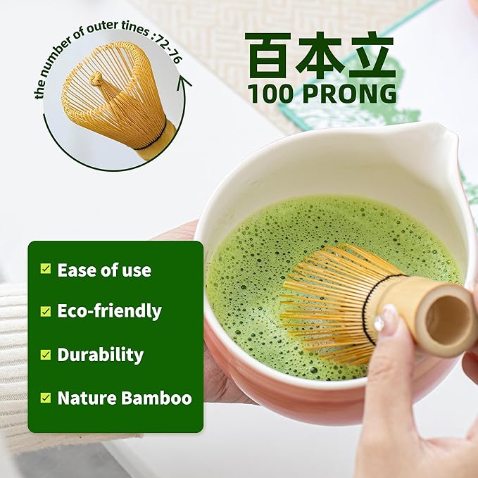 Matcha Whisk Set,7 Pcs Matcha Set Pink,Matcha Kit for Ceremony,480 Ml Ceramic Bowl(chawan) with Spout,Bamboo Whisk(100-prong) and Holder,Tradition Tea Set,Gift for Matcha Lovers