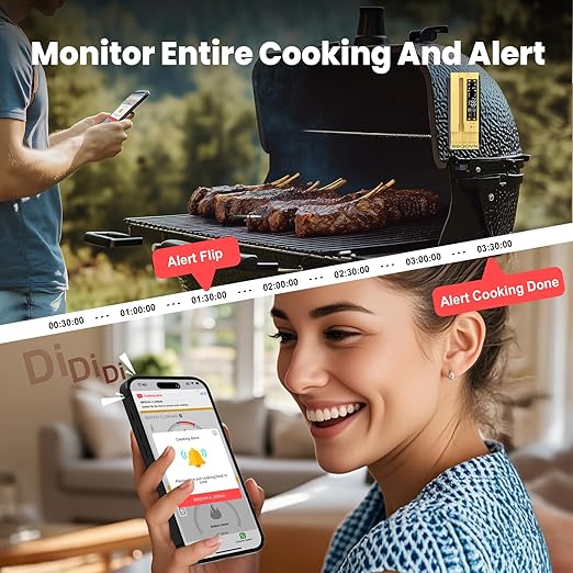 WiFi Sub-1G Wireless Meat Thermometer Unlimited Range 7 NIST Certified Sensors with Ambient Temp 2 Temp Monitoring Ways Digital Smart Base and App for BBQ, Smoker, Grill, Oven (Single Probe)