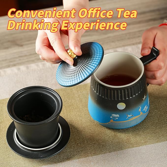 Tea Cup with Infuser and Lid,Loose Leaf Tea Steeper Cup 14.8oz Ceramic tea Infuser Mug Travel Large Steeping Cup Diffusers Mugs with Fine Strainer and Handle (Black&Blue)