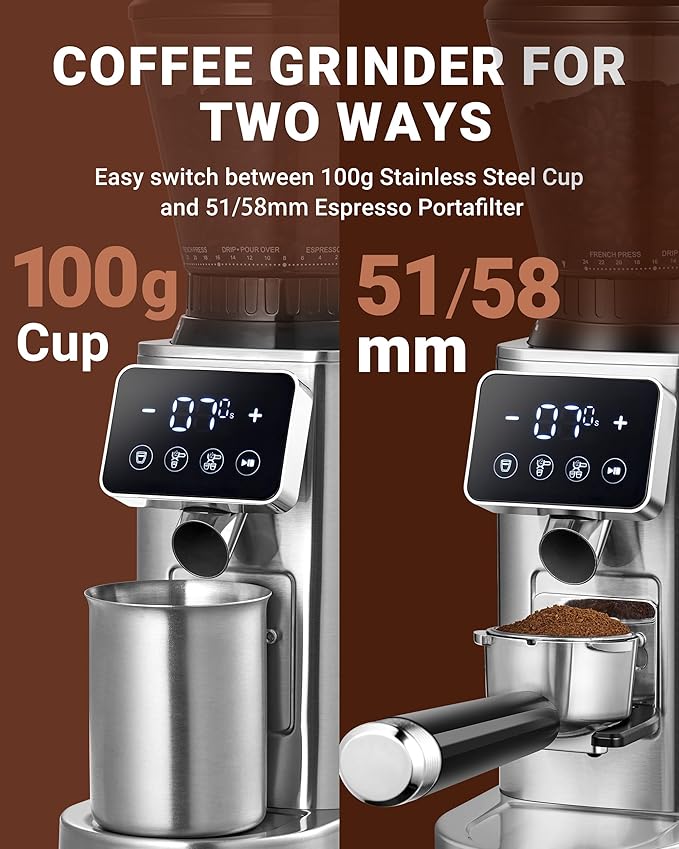 AMZCHEF Coffee Grinder, Coffee Bean Grinder for Home Use with Precise Grinding, LED Control Panel, Detachable Funnel Stand, Anti-static Design, 48 Grind Settings, Silver