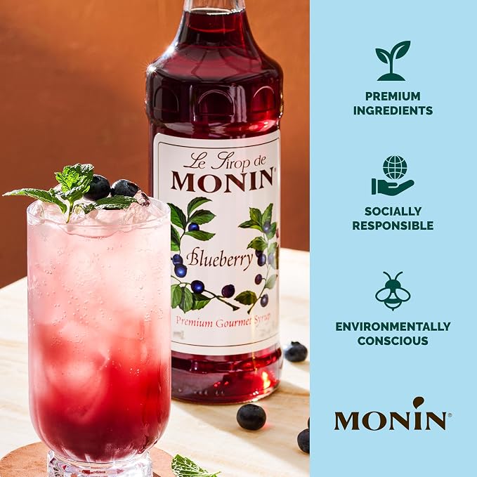 Monin - Blueberry Syrup, Mildly Sweet & Tart Blueberry Flavor, Great for Teas, Lemonades, Smoothies, & Cocktails, Gluten-Free, Non-GMO (1 Liter) - Image 4