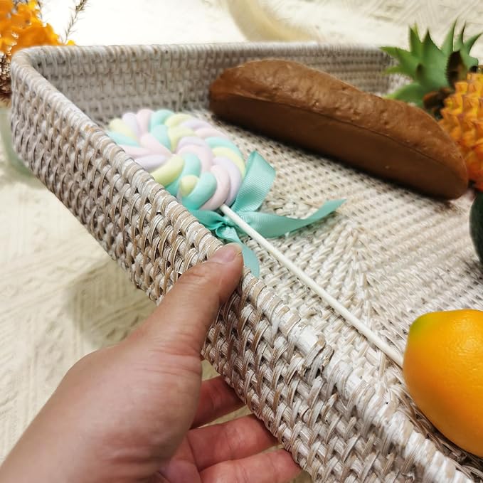 i-lan 17" White Washed Rattan Woven Large Serving Tray Platter for Ottoman,White Rectangular Basket Storage Platter with 2.4” Wall, Decorative Rattan Woven Baskets Tray for Fruits,Table Accessories