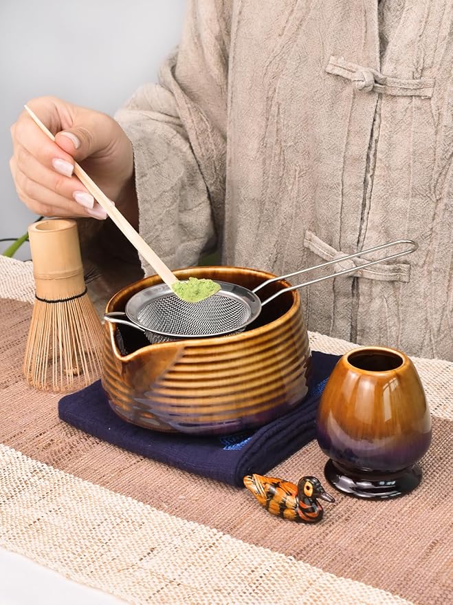 Artcome Matcha Tea Set – Japanese Matcha Kit with Bamboo Whisk, Pouring Spout Bowl, Scoop, Sifter, Holder & Manual – Ceramic & Bamboo Traditional Tea Ceremony Tools