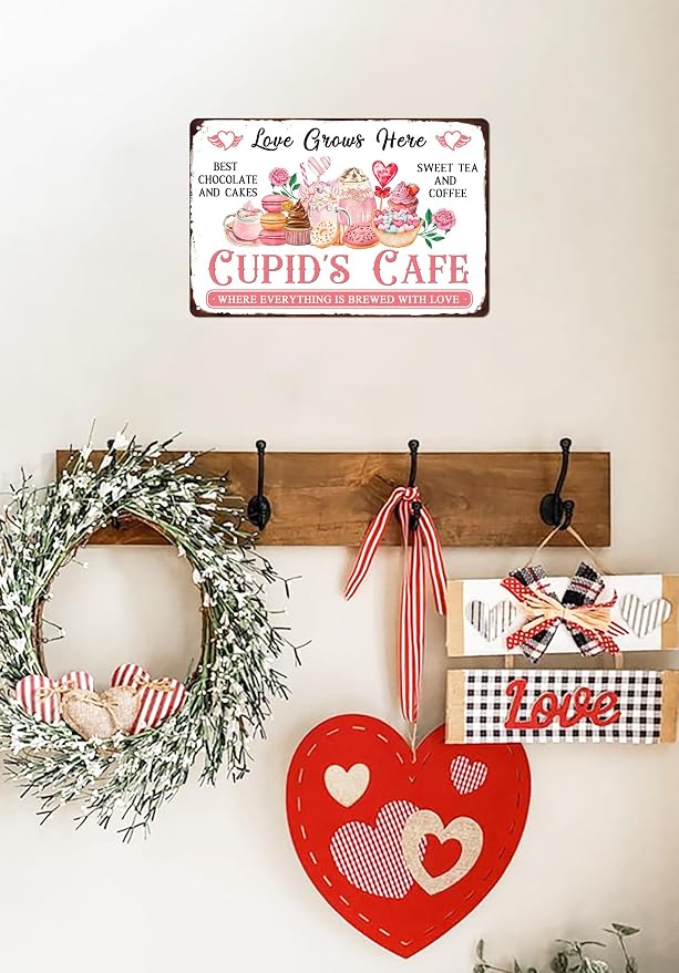 Cupid’S Cafe Metal Tin Sign Valentine's Day Sign Retro Vintage Wall Art Kitchen Cafe Home Wall Decor Plaque Poster 8x12 Inch - Image 5