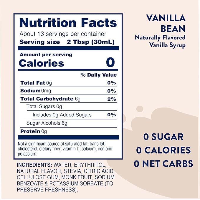 Jordan's Skinny Mixes Sugar Free Coffee Syrup, Vanilla Bean Coffee Flavoring Syrup, Naturally Sweetened Zero Calorie Drink Mix, Lattes, Baking, Protein Shake, Cocktail, Dairy & Gluten Free, 12.7 Fl Oz