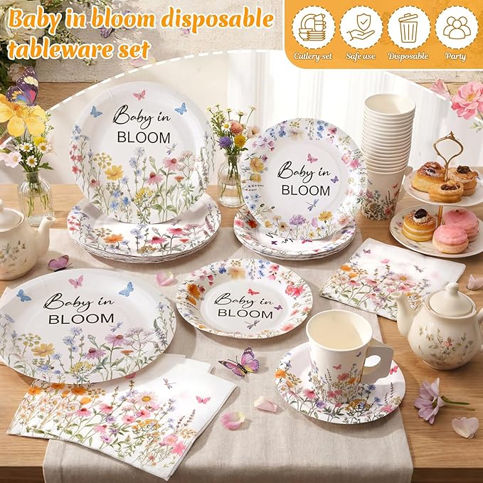 Pickmesh 252 Pcs Baby in Bloom Tea Party Supplies for 36 Guests Wildflower Paper Disposable Dinnerware Flower Teacup with Handle and Saucers Set for Tea Party Decorations Birthday Baby Shower Wedding