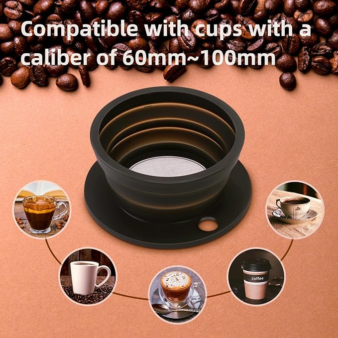 Paperless Collapsible Pour Over Coffee Dripper, Travel Pour Over Coffee Maker Camping with Reusable Metal Filter, Silicone Collapsible coffee filter, Single Cup Coffee Strainer Pour Over Black