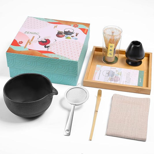 Ceremony Matcha Kit - Traditional Bamboo Matcha Whisk (Chasen) Scoop Chawan Bowl with Pouring Spout Whisk Holder Sifter Tray- The Perfect Matcha Set (Charming Black, Set of 7)