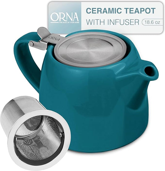 ORNA Ceramic Teapot with Tea Infuser – Small Tea Pot for Loose Leaf Tea – 550ml / 18.6 Oz Porcelain Non-Stove Teapot for 2 Cups with Tea Strainer (Ocean)