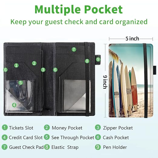 Server Books for Waitress, 5x9 Inch Waitstaff Server Order Pads, 11 Large Pockets, Cute PU Leather Waitress Book Server Wallet with Elastic Band Fit Server Apron,Surfboards - Image 3