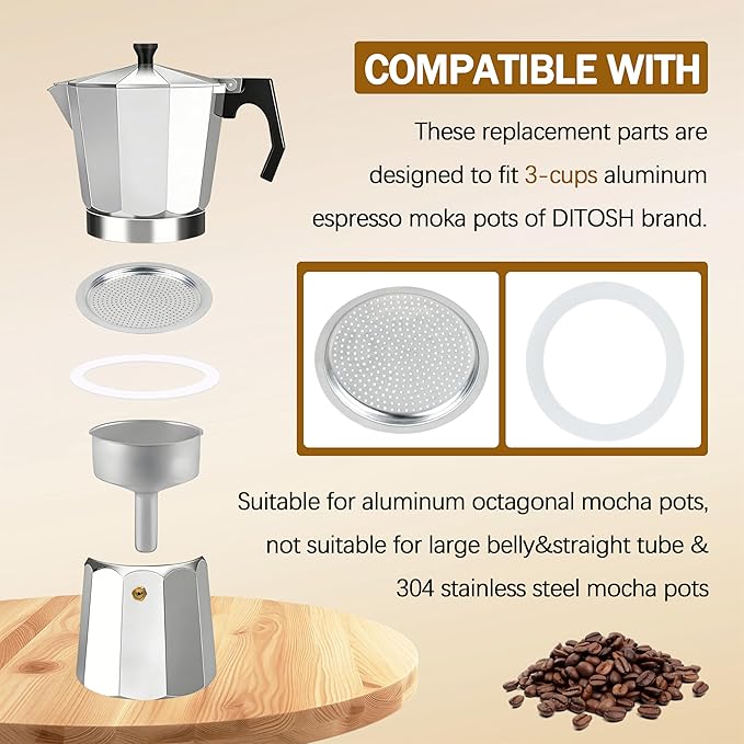 Espresso Maker Filter Basket,moka pot 3 cup Replacement Funnel,moka pot filter For Mocha Coffee Maker Pot with 1pcs Filter and 1pcs Silicone Gasket Seals