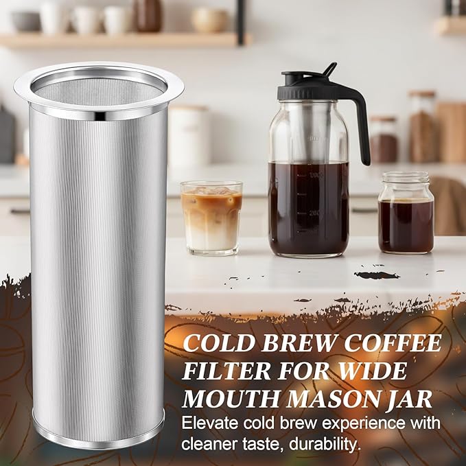 Cold Brew Coffee Filter with Brush Tea Infuser Strainer for 1 Gallon/128 oz Wide Mouth Mason Jar 304 Stainless Steel Food Grade with Sealing Ring for Iced Drink Fruit Tea Coffee Maker