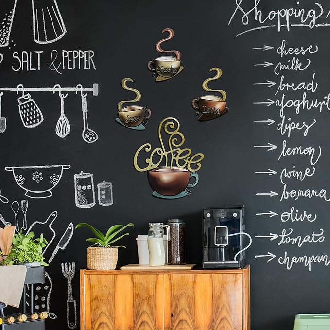 4 Pieces Metal Coffee Cup Wall Decor Coffee Bar Decor Cafe Themed Wall Art Decoration Vintage Cup Signs for Kitchen Decorations Shop Restaurant Lounge Decorations(Brown)