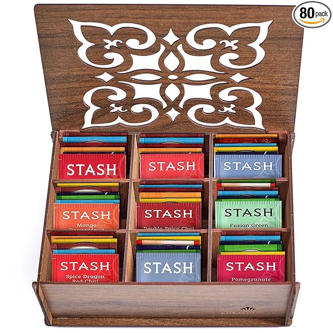 Tea Bags Sampler Gift Box – 80 Count, 28 Flavors – Wooden (MDF) Tea Organizer in Walnut – Variety Pack for Mom, Dad, Friends, Coworkers, Students, Men & Women