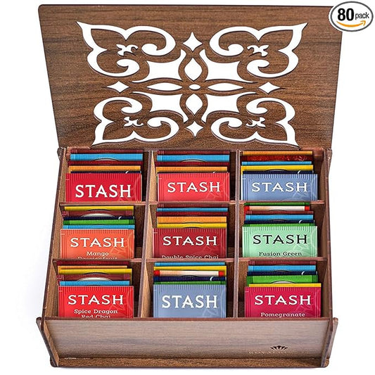 Tea Bags Sampler Gift Box – 80 Count, 28 Flavors – Wooden (MDF) Tea Organizer in Walnut – Variety Pack for Mom, Dad, Friends, Coworkers, Students, Men & Women