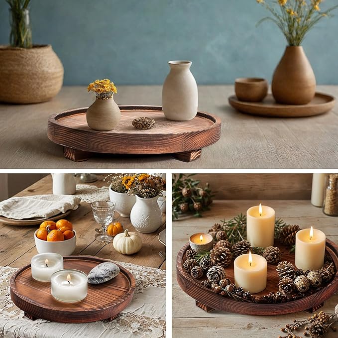Round Wooden Decorative Tray - Rustic Wood Soap Tray for Kitchen and Bathroom Counter Organizer, Farmhouse Kitchen Decor Wooden Riser for Soap Dish, Perfume, Candle, Potted
