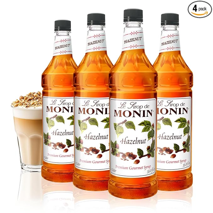 Monin - Hazelnut Syrup, Nutty Taste of Caramelized Hazelnut, Natural Flavors, Great for Mochas, Lattes, Smoothies, Shakes, and Cocktails, Non-GMO, Gluten-Free (1 Liter, 4-Pack)