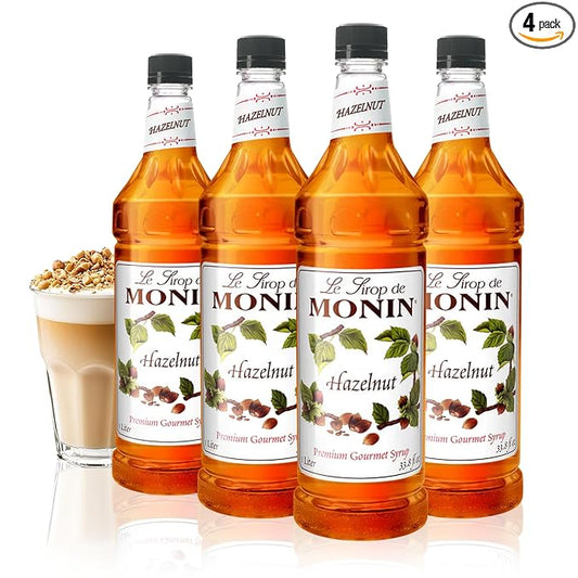 Monin - Hazelnut Syrup, Nutty Taste of Caramelized Hazelnut, Natural Flavors, Great for Mochas, Lattes, Smoothies, Shakes, and Cocktails, Non-GMO, Gluten-Free (1 Liter, 4-Pack)