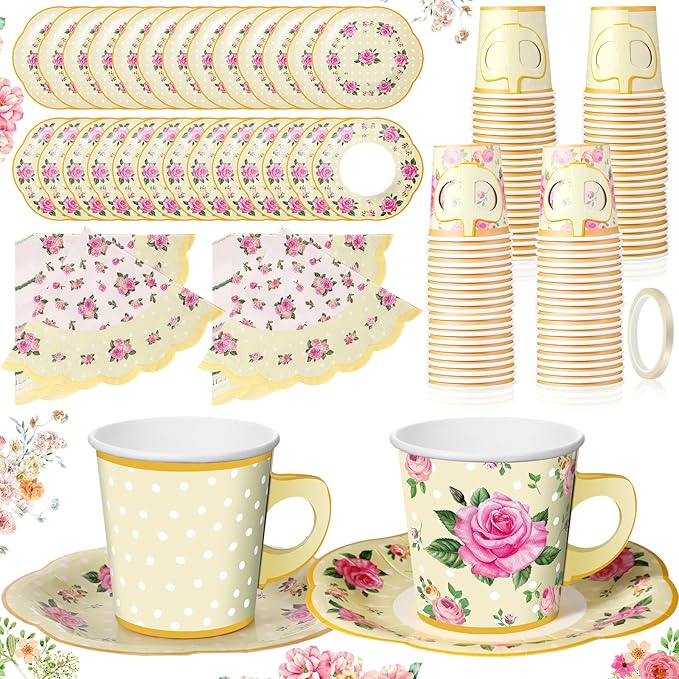 Umigy 36 Sets Tea Party Decorations 6.5 oz Floral Paper Tea Cups with Plates Paper Napkins Disposable Blossom Teacups and Saucers Sets for Girls Birthday Party Supplies(Yellow)