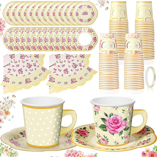 Umigy 36 Sets Tea Party Decorations 6.5 oz Floral Paper Tea Cups with Plates Paper Napkins Disposable Blossom Teacups and Saucers Sets for Girls Birthday Party Supplies(Yellow)