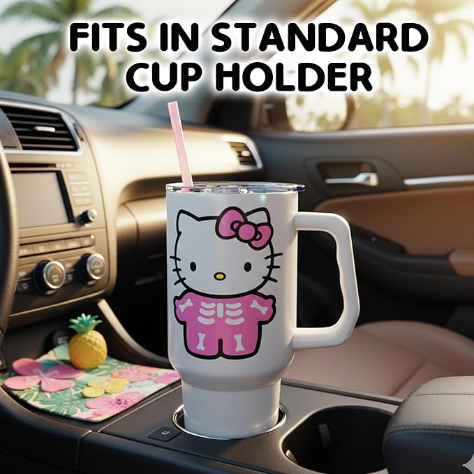 Silver Buffalo Sanrio Hello Kitty Halloween Spooky Skeleton Costume Double Walled Stainless Steel Tumbler with Handle and Straw, Fits in Standard Cup Holder, 40 Ounces