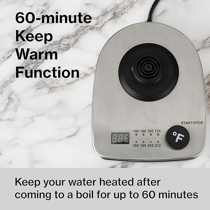 PantryPro Gooseneck Electric Kettle with Temperature Control, 34oz/1.0L Rapid Boil, Stainless Steel Interior, Auto Shut-Off, 1500W, Boil-Dry Protection, LED Indicator - Steel