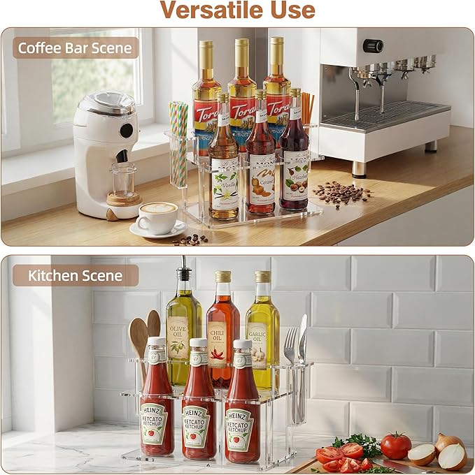 Coffee Syrup Organizer with Straw Holders, 2-Tier Acrylic Syrup Rack (6 Bottles), Anti-Slip Coffee Bar Storage with Side Straw Boxes for Syrups, Wine, Dressings on Kitchen Countertop