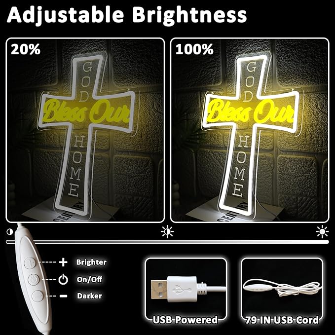 God Bless Our Home Neon Sign for Wall Decor Dimmable Jesus Cross Led Sign for Christian Home Neon Light for Church Party Christams Decoration Prayer Room Religious Gift