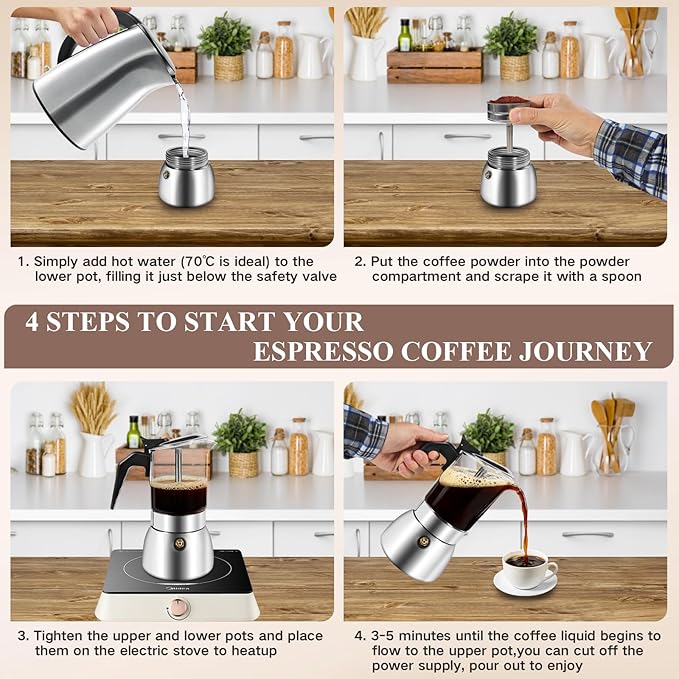 Stovetop Espresso Moka Pot, Crystal Glass-Top & Stainless Steel Italian Coffee maker, 300ml(6cup) (silver)