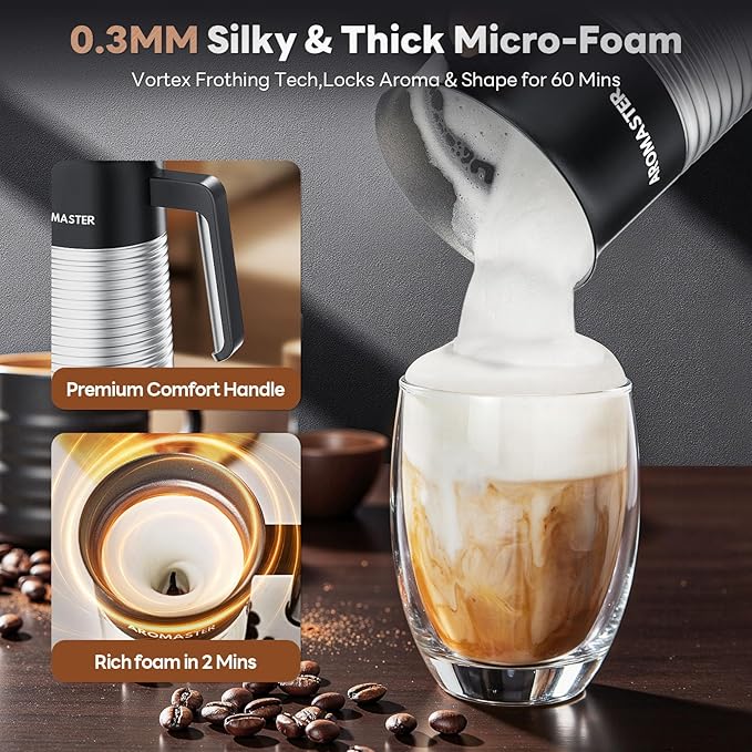 AROMASTER Milk Frother, 4 IN 1 Electric Milk Frother and Steamer for Coffee, Lattes, Cappuccinos, Automatic Hot Dense/Airy Foam & Cold Foam Maker, Ideal for Home, Kitchen and Office Daily Use