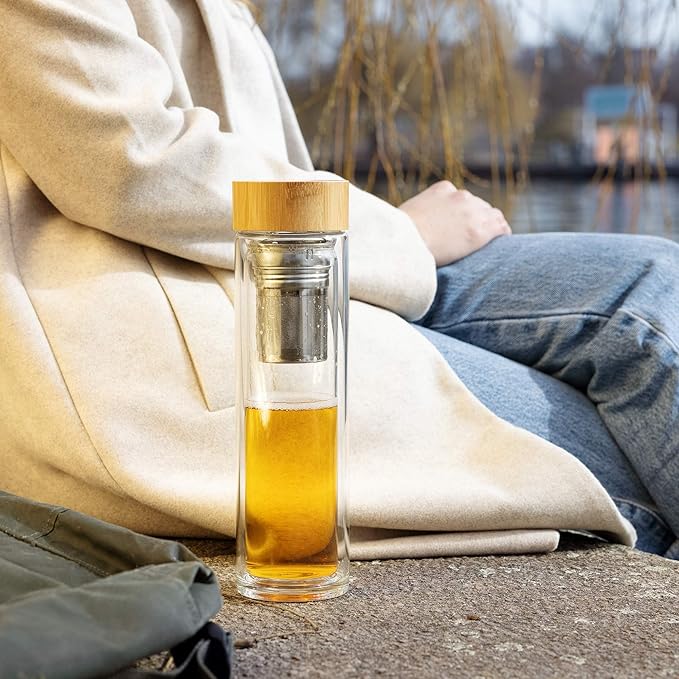 Navaris Glass Water Bottle with Tea Infuser - Double Walled Borosilicate Glass Travel Tumbler with Bamboo Lid and Non Slip Gray Neoprene Sleeve - 17oz