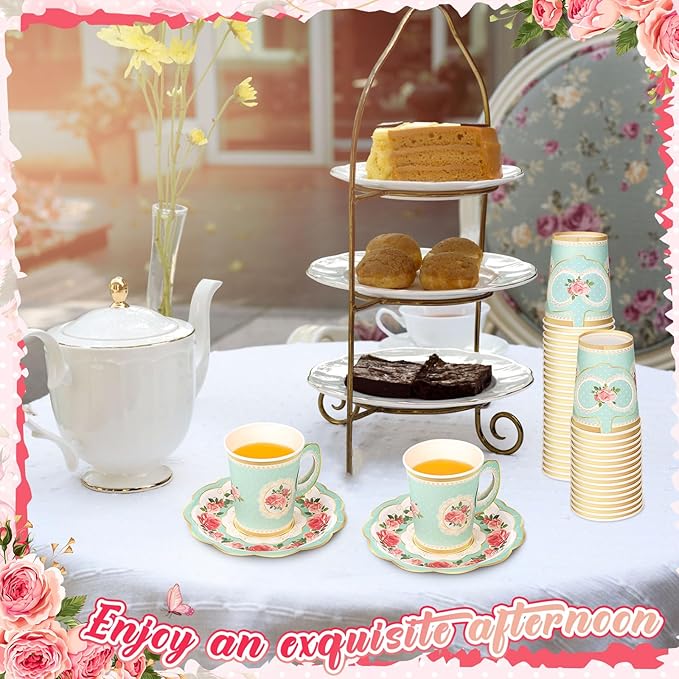 Tioncy 100 Pcs Tea Party Decorations Include 50 Pieces 9 oz Paper Tea Cups with Handle and 50 Plates Disposable Teacups and Saucers Sets for Birthday(Blue Floral)