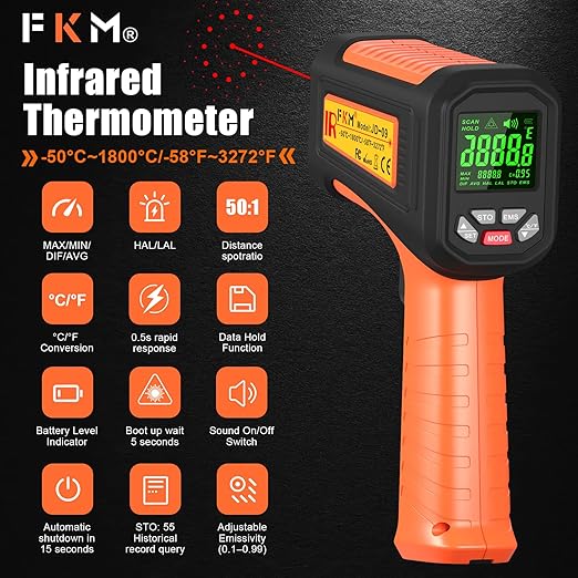 50:1-58°F ~3272°F FKM Infrared Thermometer High Temperature Gun,Non Contact Digital IR Temp Gun,High Precision Laser Thermometer Gun for Cooking,Kilns,Forges,Engine,HVAC,Industrial and Home Repair
