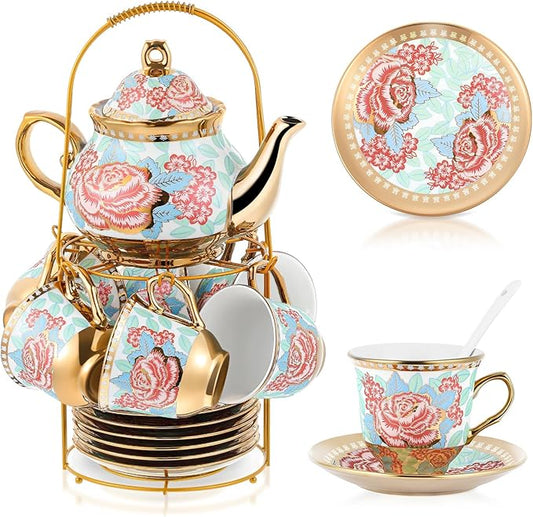 Zhehao 20 Pcs Porcelain Tea Set with Metal Holder and Spoon Adult Ceramic Tea Set European Flower Painting Teapot Cup Saucer Spoon for Women, Large Version(Vintage Style)