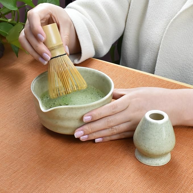 Artcome 4-Piece Matcha Tea Set - Complete Japanese Ceremony Kit with Bowl, Whisk, Whisk Holder, Scoop & Guide, Mottled Light Green