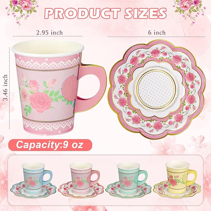 200 Sets Floral Paper Tea Cups and Saucers Disposable Paper Tea Party Supplies 9 oz Cups with Handle and Saucer for Birthday Wedding Party Decorations (Classic Style)