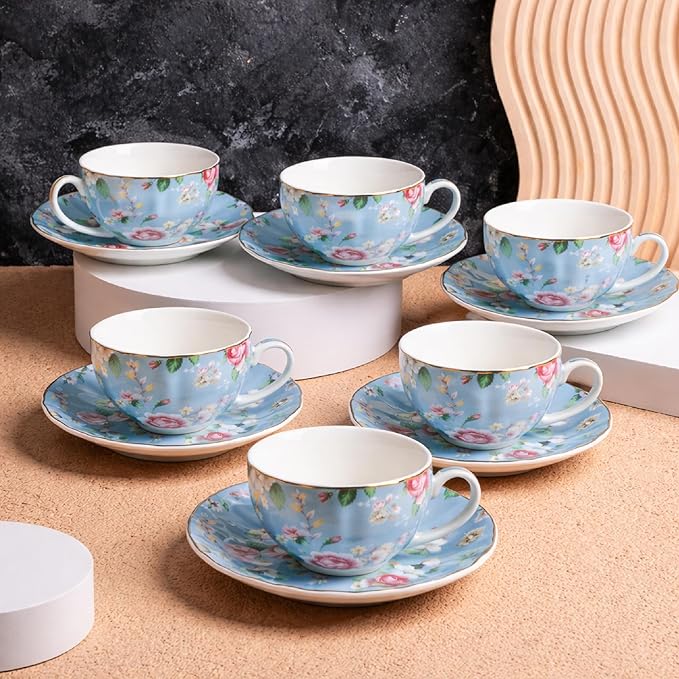 BTaT- Floral Tea Cups and Saucers, Set of 6, 7 oz, Fine Porcelain Teacup Set with Gold Trim for Afternoon Tea, Weddings, Parties & Gifting, Dishwasher Safe and Freezer Safe