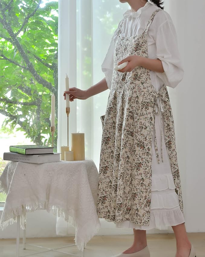 Japanese Cotton Linen Cross Back Apron with Pockets,Fashion Pinafore Dress for Gardening Painting Cleaning Cooking - Image 6