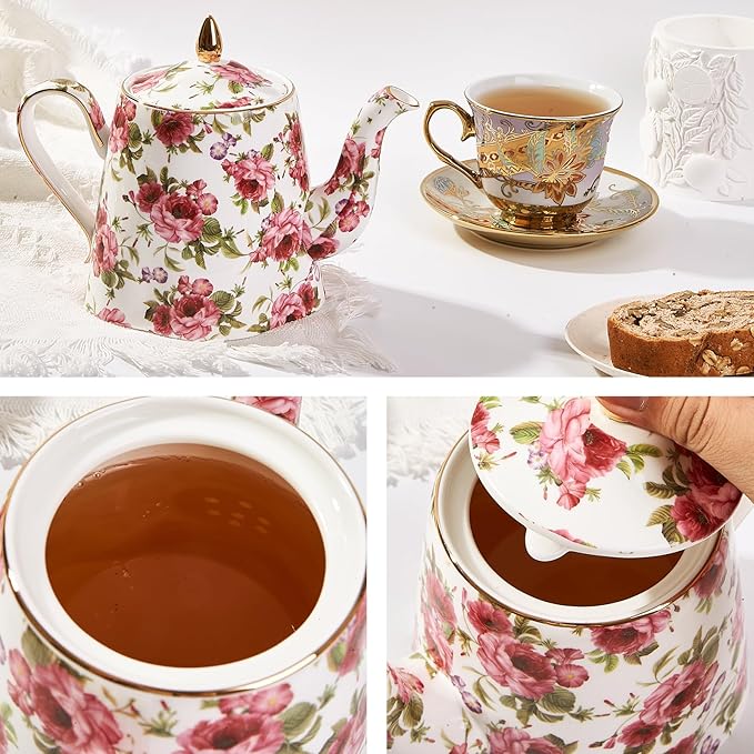 Floral Tea Pot, 30 OZ Ceramic Vintage Teapots, Porcelain Cute Tea Pot with Pink Roses and Gold Trim, Decorative Teapot for Tea Party, Housewarming, Christmas, Thanksgiving Gifts