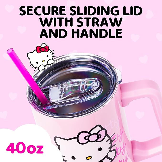 Silver Buffalo Sanrio Hello Kitty Waving Double Walled Stainless Steel Tumbler with Handle and Straw, Fits in Standard Cup Holder, 40 Ounces