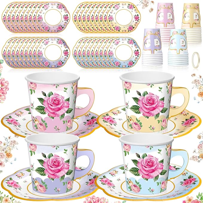 36 Sets Tea Party Decorations 9 oz Floral Paper Tea Cups with Handle and Plates Disposable Blossom Teacups and Saucers Sets for Girls Kids Birthday Garden Wedding Party Supplies(Gradient Mixed Color)